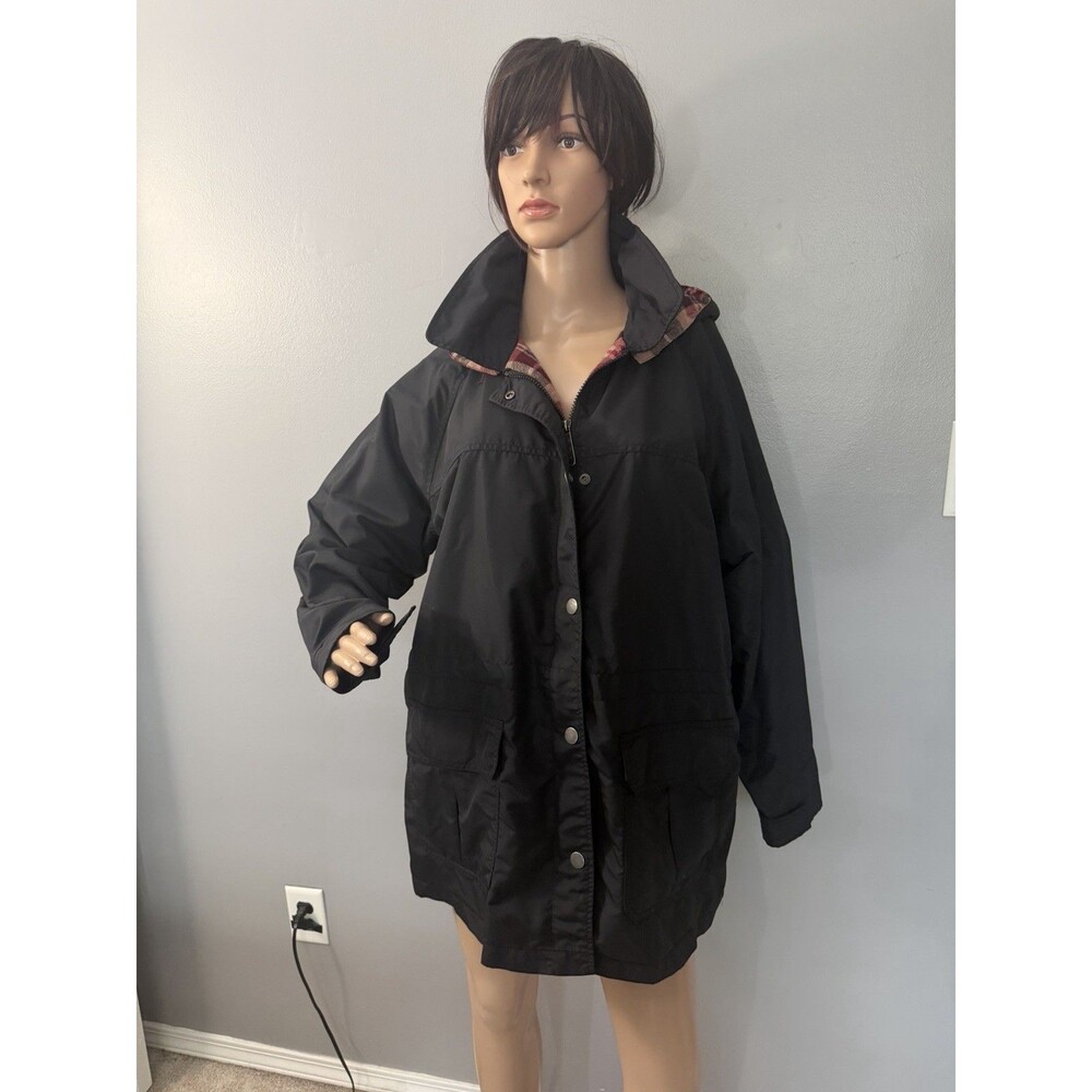 Woolrich Women’s XL Insulated Black Jacket Wool Plaid Lining Hooded Coat EUC